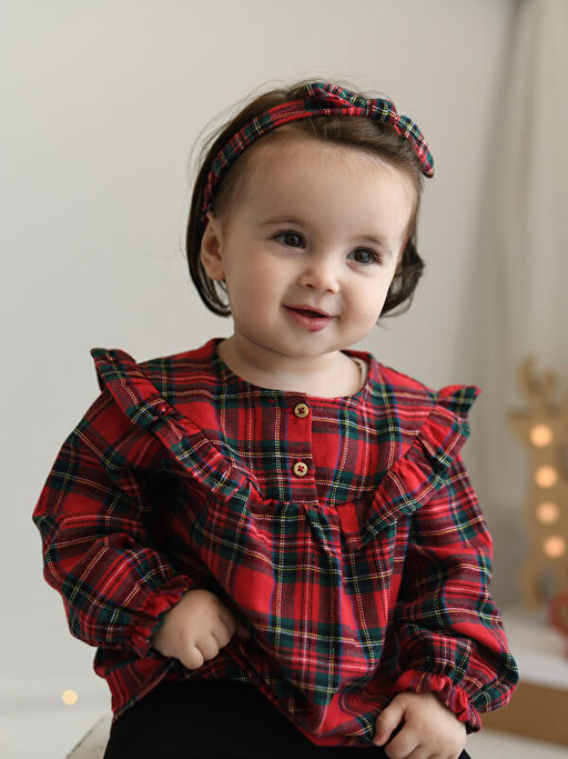 Bisiklet Yaka Uzun Kollu Ekose Desenli K?z Bebek Bluz ve Tayt 2li Tak?m - Waikiki фото 2