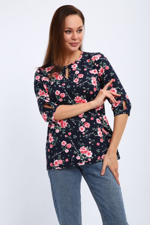 Кофта женская из футера 2-н Анфиса цветы на синем