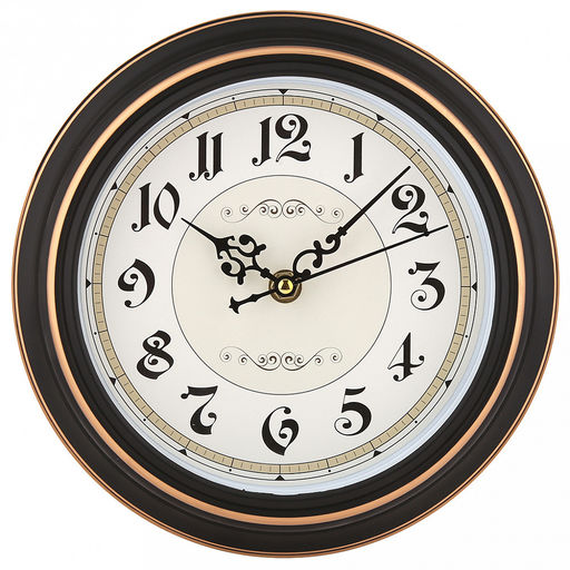 Часы настенные "Вензель" д19-22,5см, h4см, мягкий ход, циферблат белый/бежевый; цифры арабские, черный; корпус пластик, черный, полоски медного цвета; в коробке (Китай)