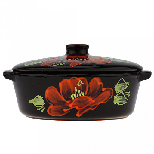 Лоток для запекания керамический "Десерт" 2л, д23,5см, h12,5см, "Мак черный", малый, с ручками, с крышкой (Россия)