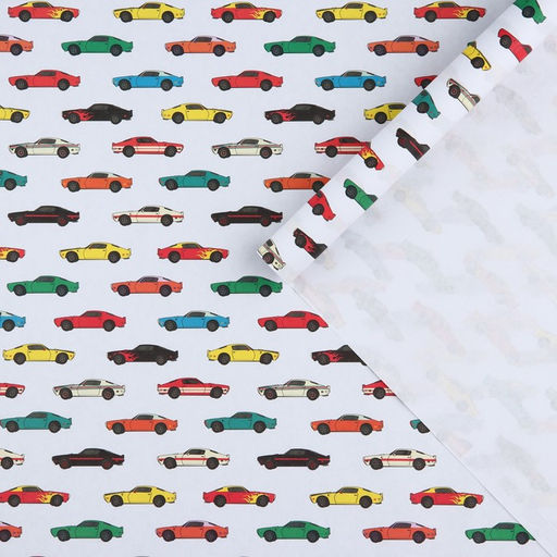 Цена за 10 шт. Бумага упаковочная крафтовая белая «Гоночные машинки», 50 x 70 см