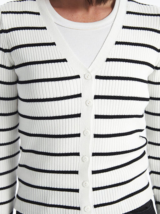 V Yaka ?izgili Uzun Kollu Kad?n Triko H?rka