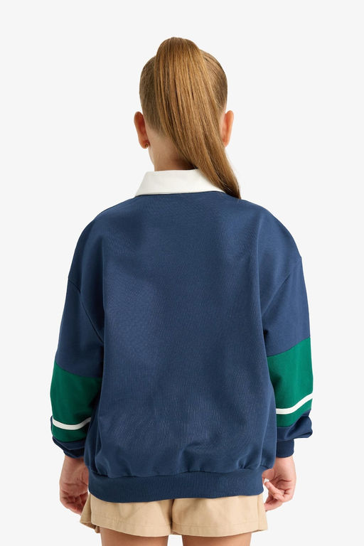 %100 Pamuk Relax Fit Polo Yaka Bask_l_ Okul Sweatshirt K_z _ocuk - Defacto фото 8