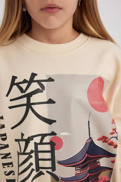 Толстовка оверсайз с круглым вырезом для девочек с принтом - Defacto фото 8