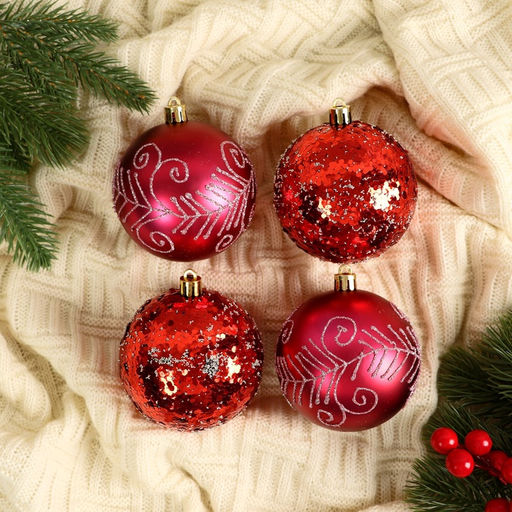Ёлочные игрушки Ночка, шары новогодние, d=8 см, набор 4 шт., узоры, красный - Зимнее волшебство фото 2