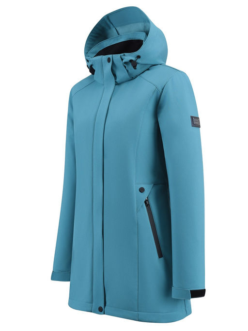 Парка женская софтшелл виндстоппер удлинённая с капюшоном бирюзового цвета 9614_1Br