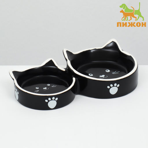 Миска для кошек керамическая Пижон "Кошачье семейство" 40/60 мл, двойная 19 х 10,5 х 3,5 см, чёрно-белая