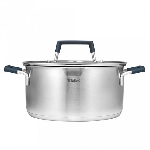 Кастрюля из нержавеющей стали "Ковентри" 4,4л, s0,6мм, дно s2,8мм, стеклянная жаропрочная крышка, обод крышки с перфорацией, ручки с силиконовыми вставками, цветная коробка, "TalleR" (Китай)