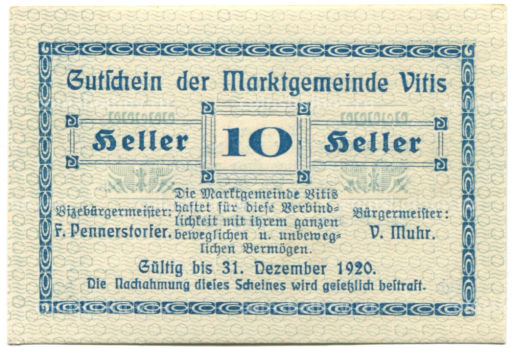 10 геллеров 1920 года Австрия Витис (нотгельд)