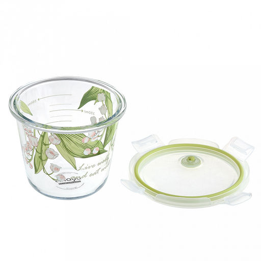 Контейнер стеклянный Ландыши 700мл, д12,8см h10,6см, боросиликатное стекло, с деколью, с мерной шкалой, круглый, пластмассовая крышка с пароотводом, герметичная, с клипсами, с силиконовым уплотнителем (Китай) - Домашняя мода фото 2