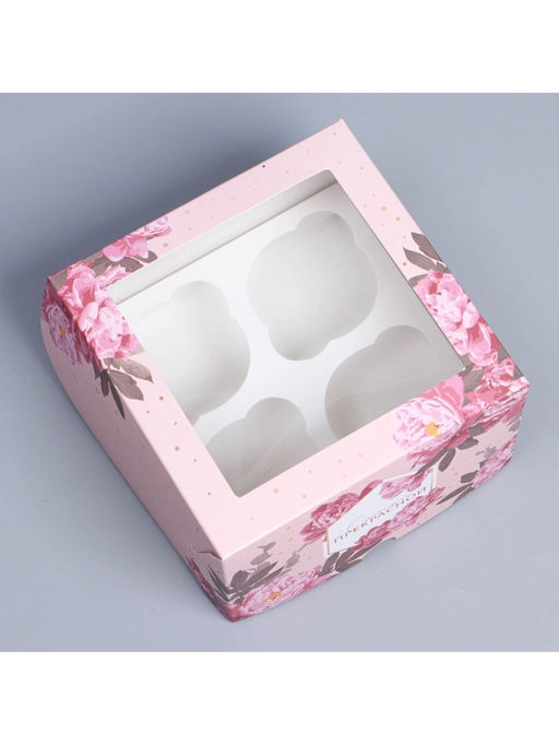 Цена за 5 шт. Коробка подарочная для 4 капкейков «Цветы», 16×16×10 см, с окном