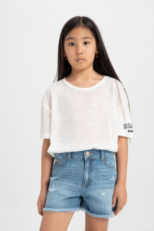 K?z Cocuk Oversize Genis Kal?p Bisiklet Yaka Bask?l? K?sa Kollu Tisort
