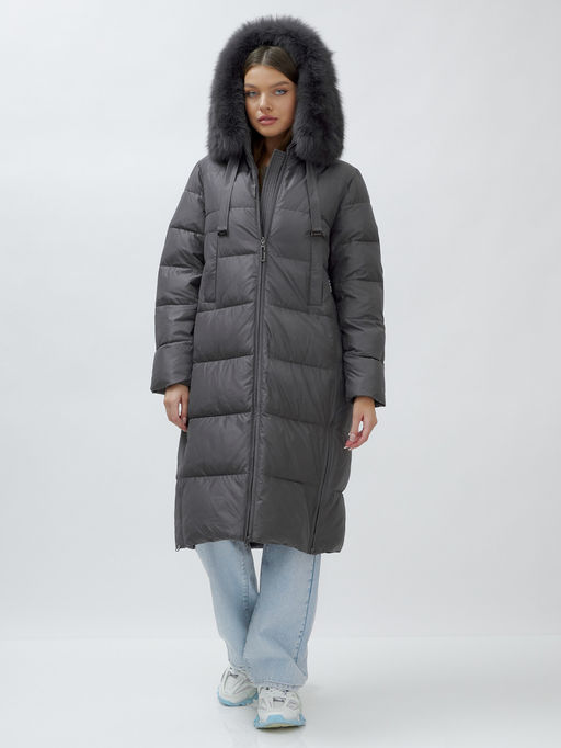 с натуральным мехом песца класса Люкс Бренд Visdeer Пальто зимние темно-серого цвета  фото 5