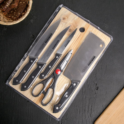 Набор кухонных принадлежностей, 5 предметов, 4 ножа 10,5 см, 16,5 см, 16,5 см, 17 см, ножницы 21,5 см, цвет чёрный
