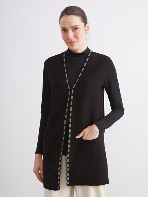 V Yaka Desenli Kad?n Triko Yelek