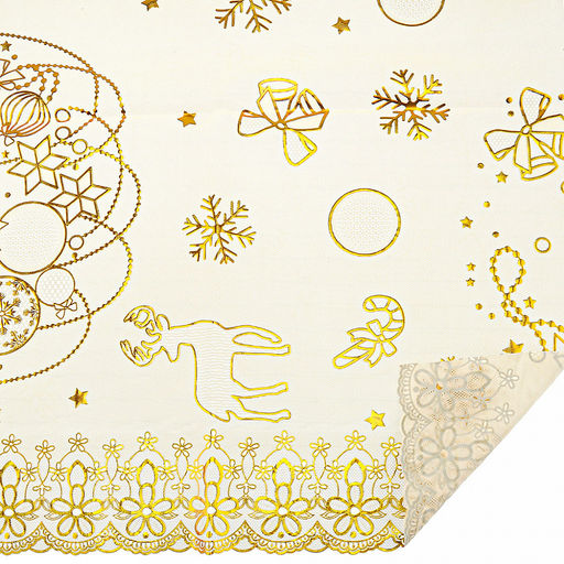 "LACE" Скатерть ажурная ПВХ "С Новым годом!" 137х137см, длина стола до 90см, на 4 персоны, бежевый фон, с золотом, матовая, на пленке, т.м. Домашняя мода (Китай)