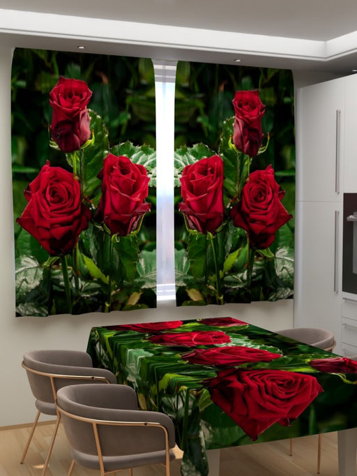 Фотошторы для кухни Красные кусты роз Фотошторы ткань Димаут