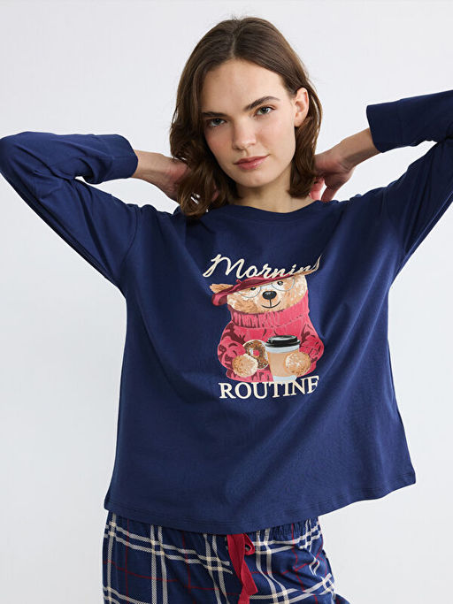 Bisiklet Yaka Ay? Teddy Bask?l? Kad?n Pijama Tak?m?