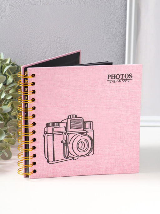 Фотоальбом на спирали 20 листов «Фотоаппарат. Розовый», текстиль, чёрный картон, 17.5×17.5 см