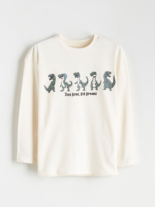Bisiklet Yaka Dinozor Bask?l? Erkek ?ocuk Sweatshirt