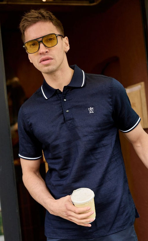 Футболка-поло льняная мужская F011-0770 тёмно-синяя - Fine joyce фото 4