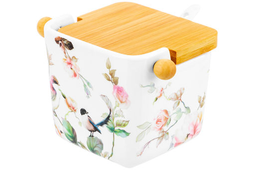 Банка д/сыпучих продуктов 250 мл 12*9,5*9 см Певчие птички+ложка+откидная бамбук.крыш (без золота) - Elan gallery фото 7