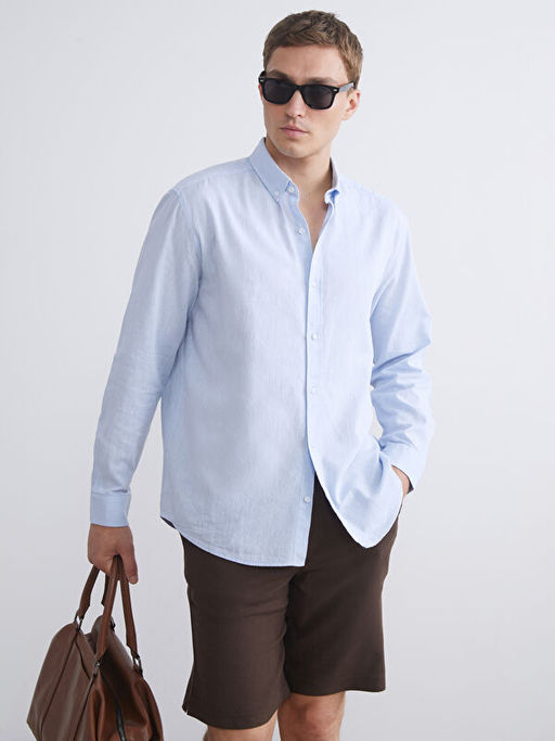 Regular Fit Uzun Kollu Keten Kar???ml? Erkek G?mlek