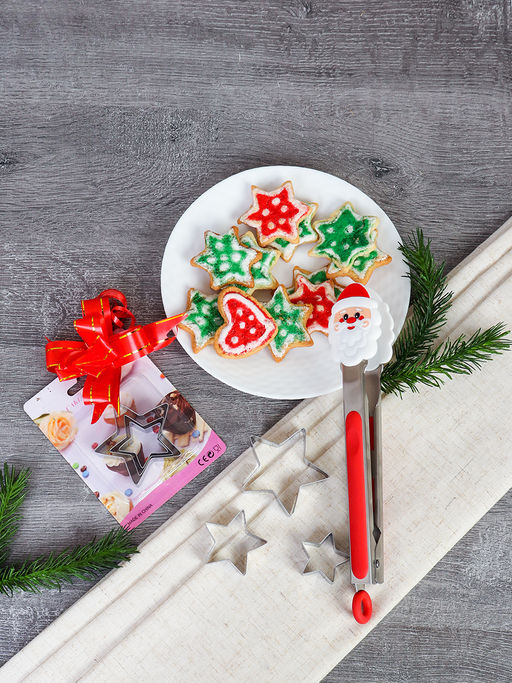 Подарочный набор Щипцы металл силикон 26 см + формочки для печенья/ QT- 907 /уп/ Новогодний