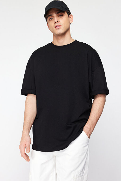 Siyah Oversize/Geni_ Kesim S_rt Geyik Bask_l_ %100 Pamuk T-Shirt TMNSS25TS00117 - Trendyolmilla фото 2