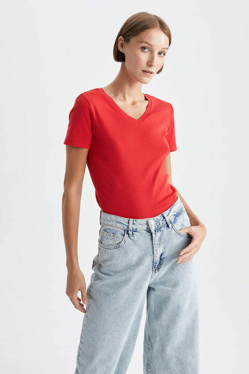 Базовая футболка из 100 % хлопка с короткими рукавами и v-образным вырезом приталенного кроя - Defacto фото 3