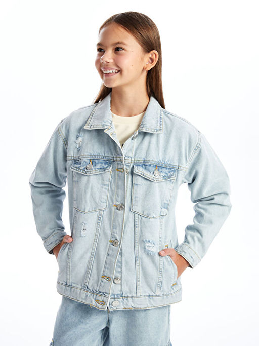 Basic Uzun Kollu K?z ?ocuk Jean Ceket