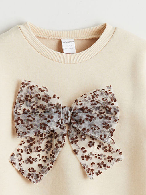 Bisiklet Yaka Fiyonk Bask?l? K?z ?ocuk Sweatshirt