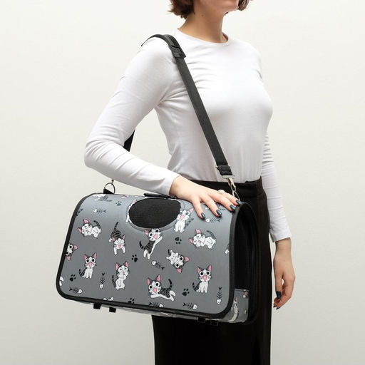 Сумка-переноска каркасная Играющие котики, размер S, 37,5 х 17 х 22 см, серая - Пижон фото 8