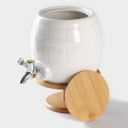 Бочонок фарфоровый с краником на деревянной подставке BellaTenero, 2.5 л, белое