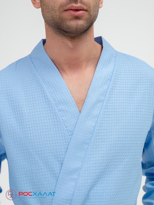 Мужской вафельный халат с планкой голубой В-03 (2)