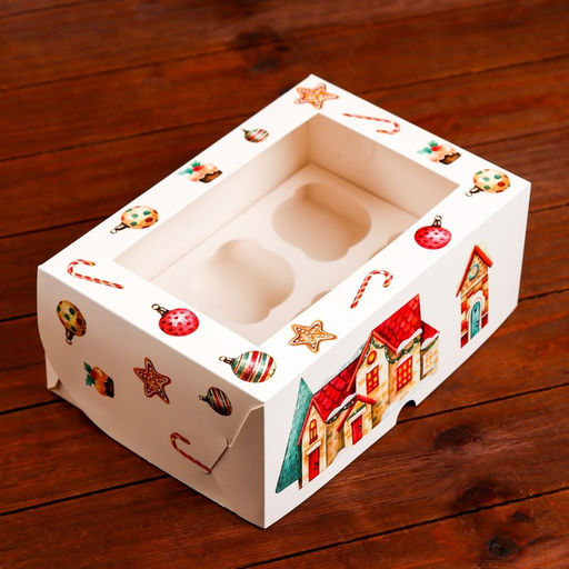 Цена за 2 шт. Коробка для 6 капкейков с окном «Рождественский домик», 25×17×10 см, упаковка