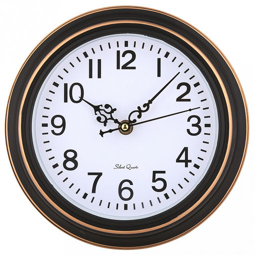 Часы настенные "Авеню" д19-22,5см, h4см, мягкий ход, циферблат белый; цифры арабские, черный; корпус пластик, черный, полоски медного цвета; в коробке (Китай)