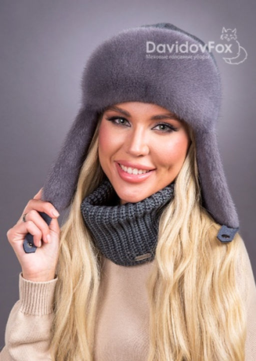 Ушанка норка трикотаж серо-голубой - Davidovfox фото 2