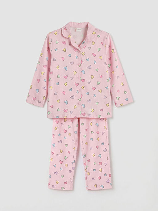 G?mlek Yaka Kalp Bask?l? K?z ?ocuk Pijama Tak?m