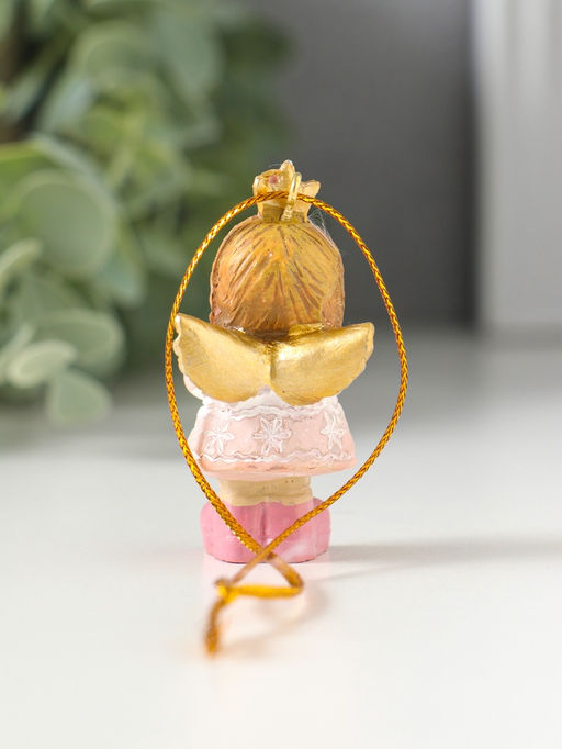 Цена за 2 шт. Фигурка - подвеска полистоун «Малышка-ангел в розовом платье, с сердцем в руках», ёлочная игрушка, 3×2.5×5.5 см