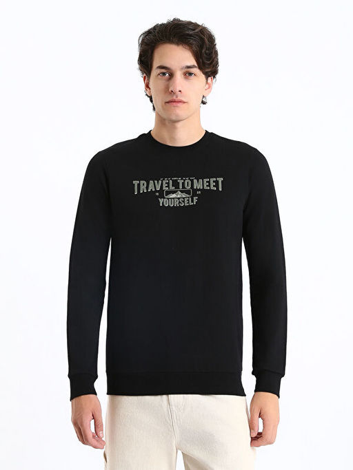 Bisiklet Yaka Uzun Kollu Bask?l? Erkek Sweatshirt