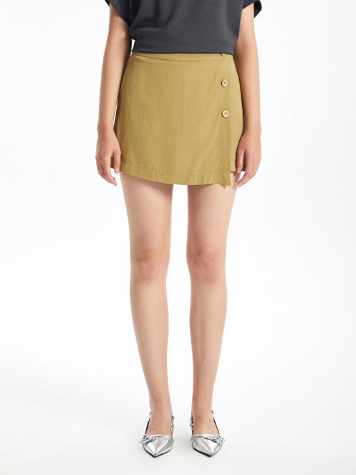 Standart Fit D?z Keten Kar???ml? Kad?n ?ort Etek