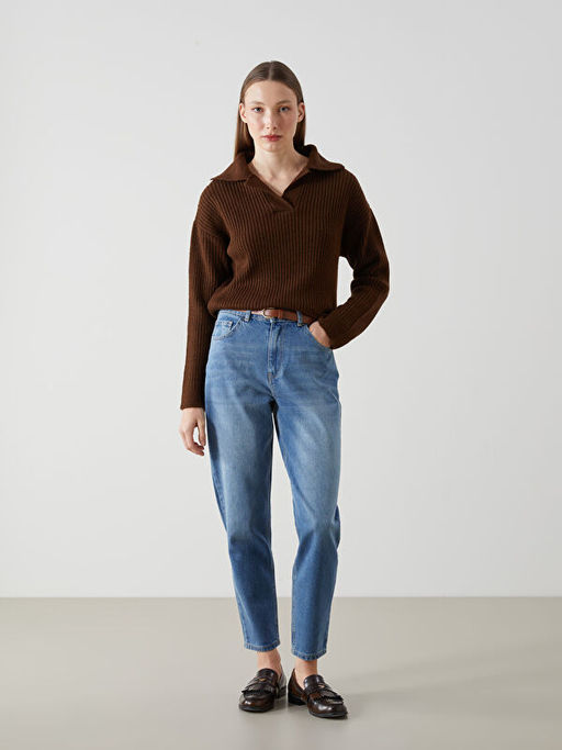 Beli Kemerli Mom Fit Kad?n Jean Pantolon