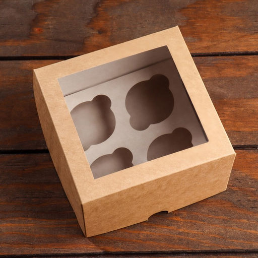 Цена за 5 шт. Коробка на 4 мини - капкейка крафт с окном, 13×13×8 см