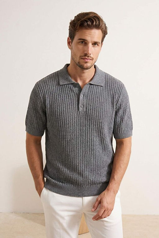 Gri Regular/Normal Kesim D__meli Dokulu Polo Yaka Triko T-shirt TMNSS26PO00027 - Trendyolmilla фото 2