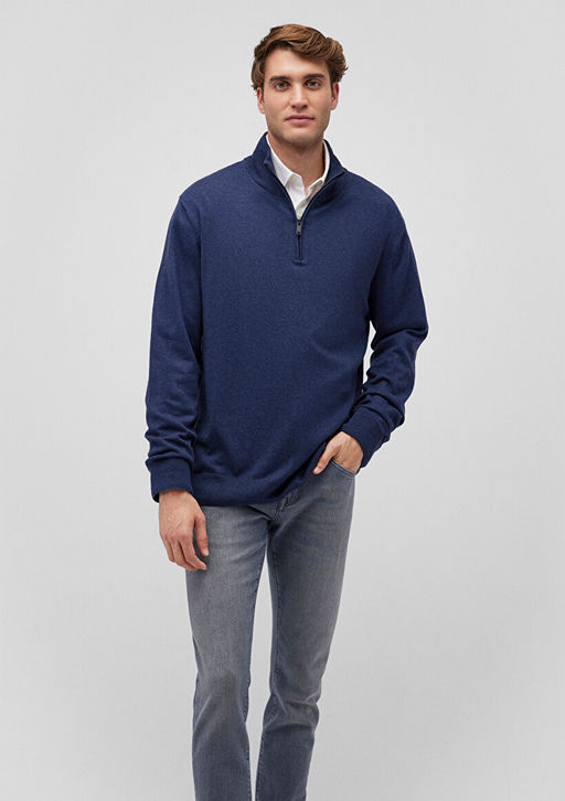 Yar? Fermuarl? Dik Yaka Lacivert Kazak - Mavi фото 2