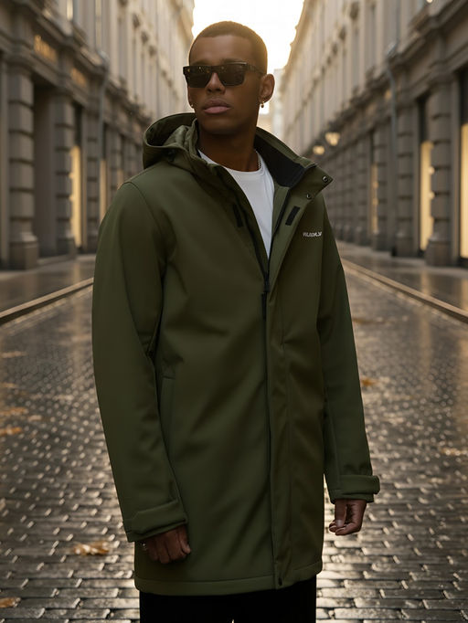 Парка спортивная мужская с капюшоном softshell цвета хаки 9565Kh