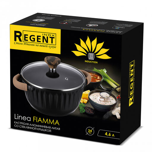 Кастрюля с антипригарным покрытием Fiamma 4,6л, д24см, h18см, s1,6мм, дно s4,5мм, литой алюминий, стеклянная крышка, пароотвод, бакелитовая ручка с покрытием soft-touch, силиконовые съемные ручки-прихватки, капсульное дно, цветная коробка, Regen - Домашняя мода фото 4
