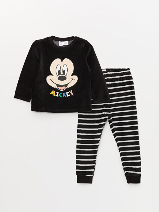 Bisiklet Yaka Uzun Kollu Mickey Mouse Nak??l? Kadife Erkek Bebek Pijama Tak?m?