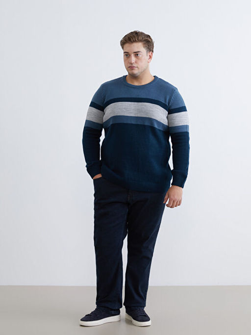 Bisiklet Yaka Renk Bloklu Erkek Triko Kazak